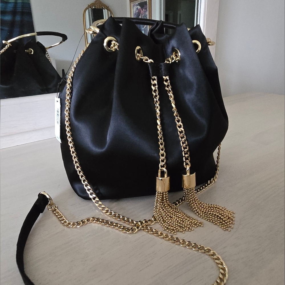 Black Satin, Soft Bucket Bag. New W Tags. By Express. - Picture 2 of 6